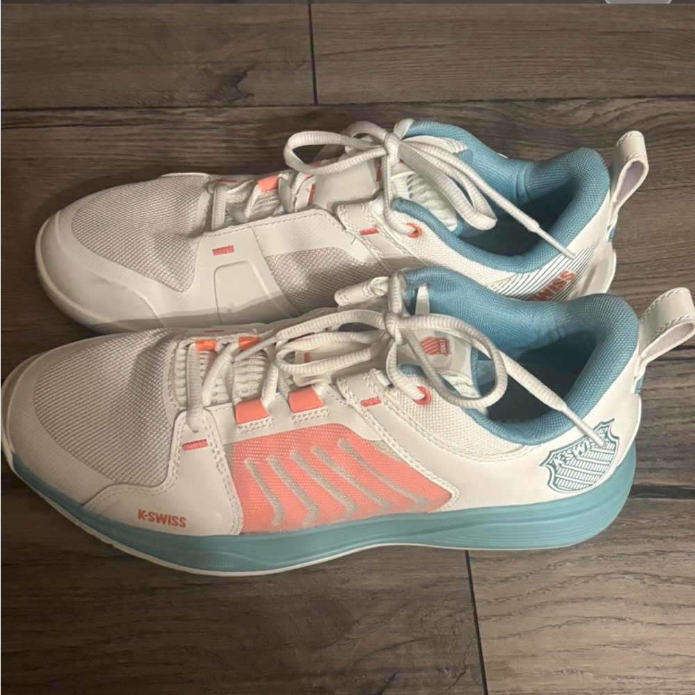 K-Swiss White and Coral Sneakers with Teal Accents
